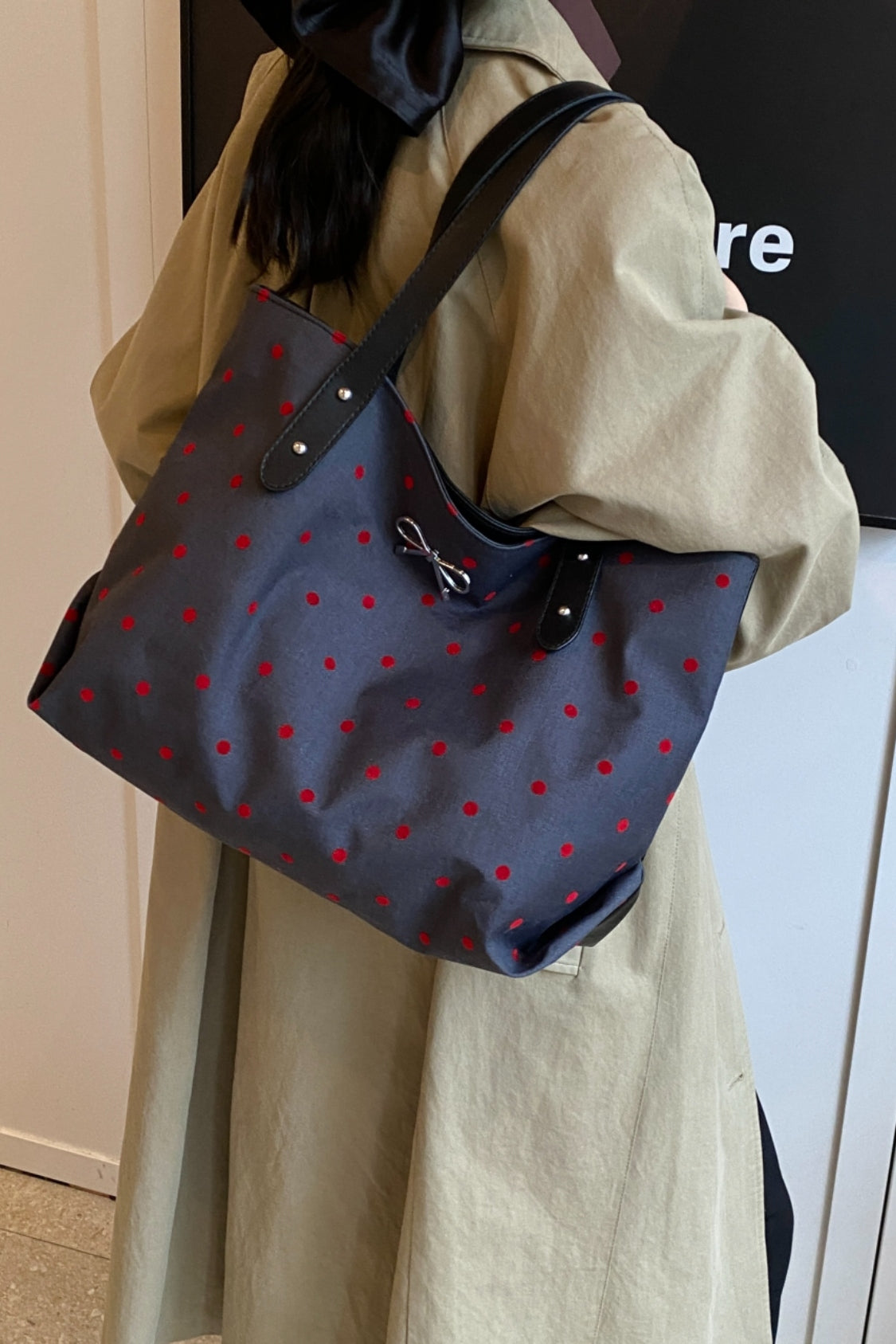 Polyester Bow Polka Dot Tote Bag 