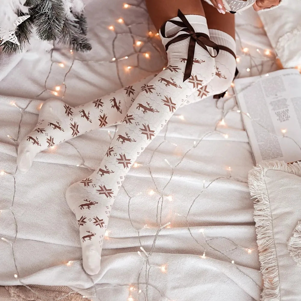 Christmas Element Bowknot Ribbed Trim Over Knee Stockings Lingerie & Nightwear