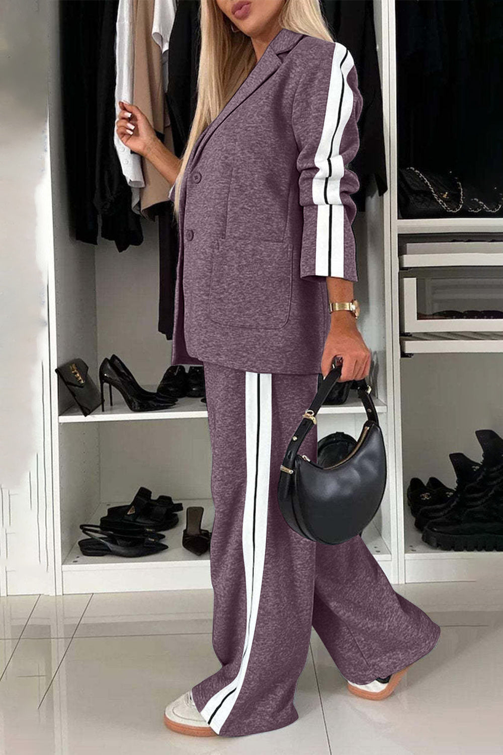 Full Size Contrast Lapel Collar Top and Pants Set 