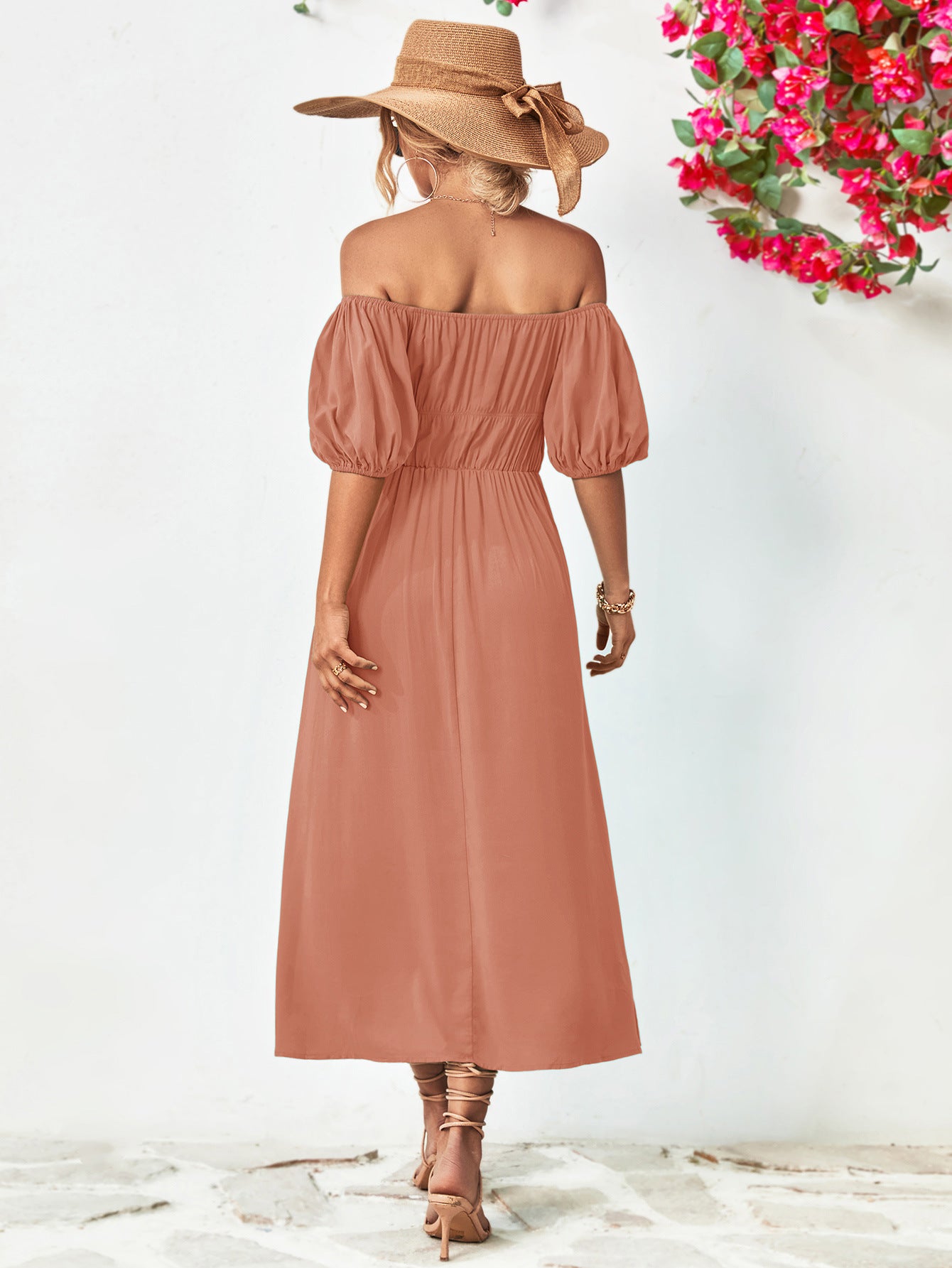 Off-Shoulder Balloon Sleeve Midi Dress 