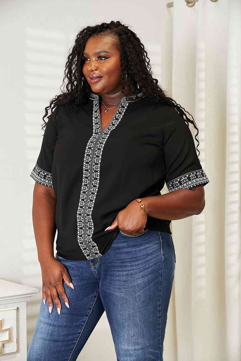 Double Take Embroidered Notched Neck Top 