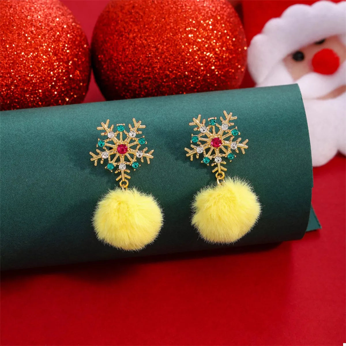 Christmas Snowflake Pom Pom Drop Earrings 