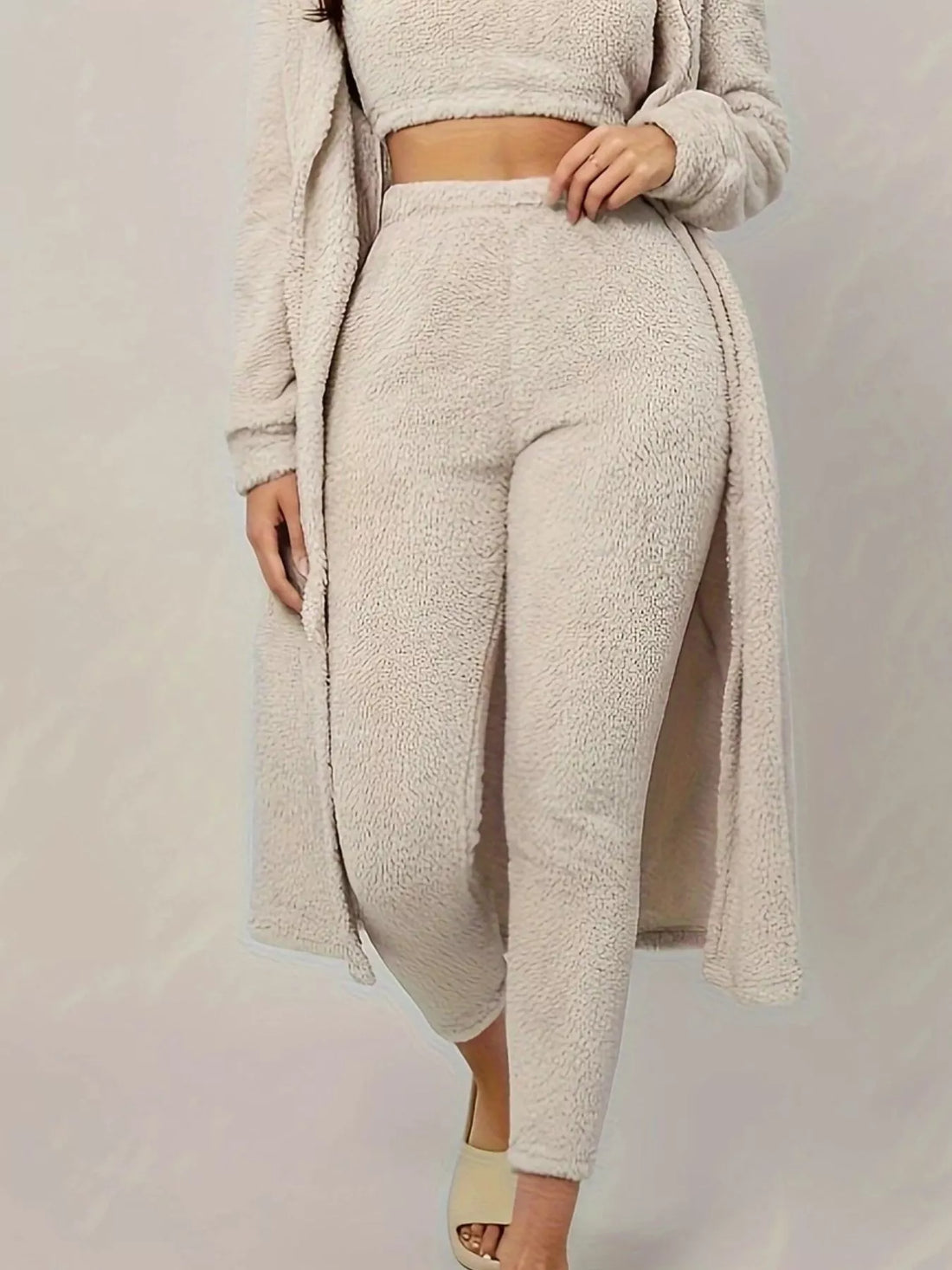 Fuzzy Tank Long Sleeve Cardigan and Pants 3-Piece Lounge Set Lingerie & Nightwear