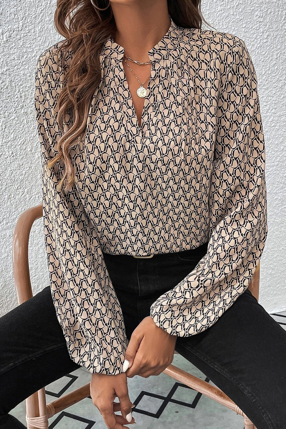 Khaki Geometric Print Notched Neck Puff Sleeve Blouse Tops/Blouses & Shirts