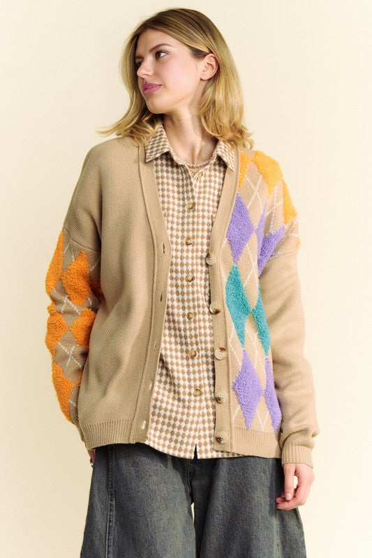 Davi & Dani Argyle V-Neck Dropped Shoulder Cardigan 