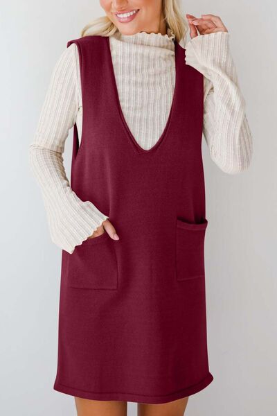 Lovelet Pocketed V-Neck Mini Sweater Overall Dress Dresses