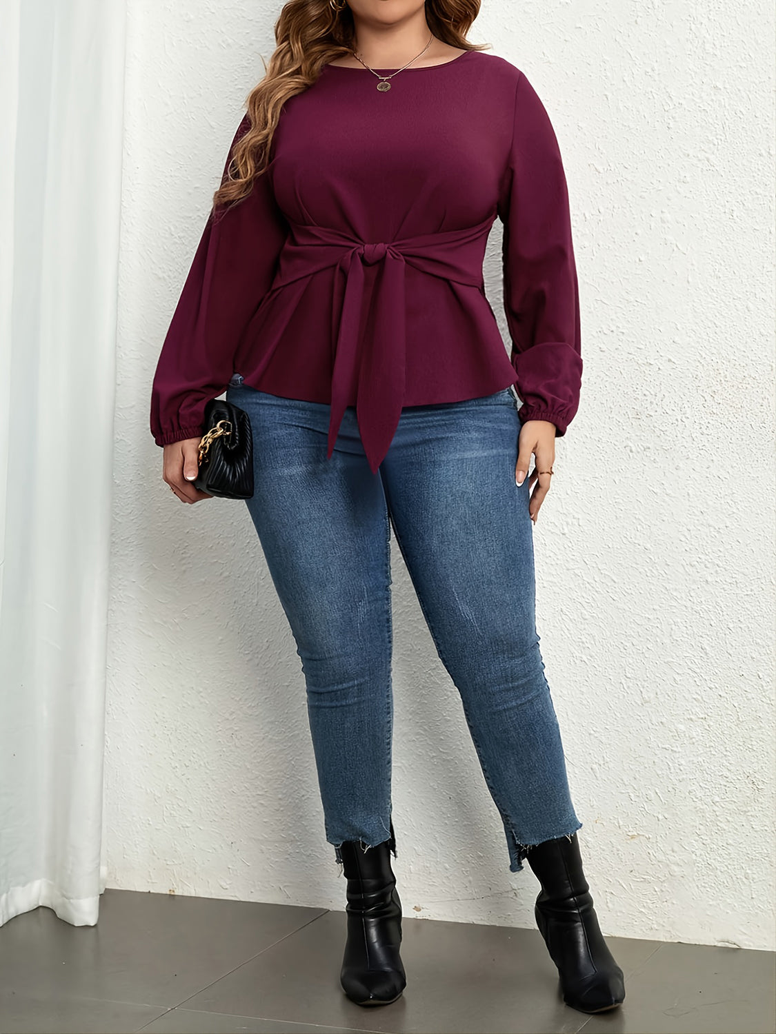 Plus Size Tie Front Long Sleeve Blouse 