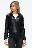 Snobbish Faux Leather Zip Up Drawstring Hooded Jacket 