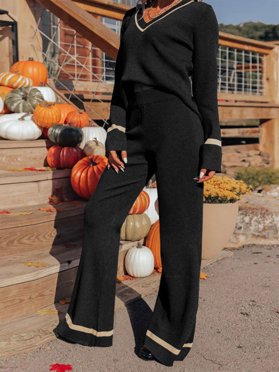 Perfee V-Neck Long Sleeve Top and Pants Set 