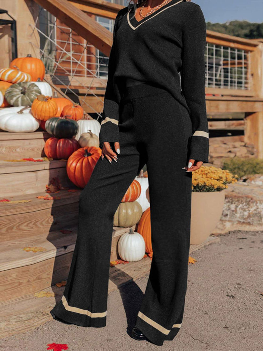 Perfee V-Neck Long Sleeve Top and Pants Set 