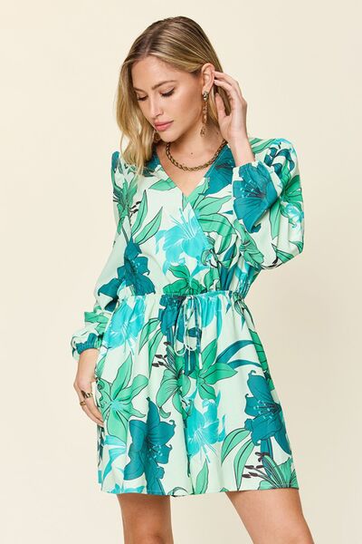 Double Take Full Size Floral Long Sleeve Romper with Pockets 