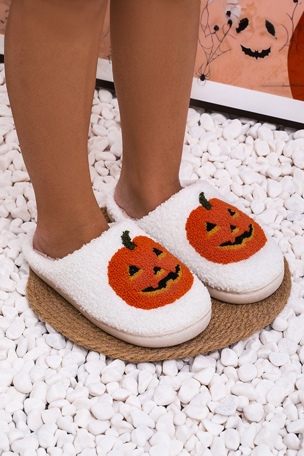White Halloween Pumpkin Print Plush Slippers (Runs Small, Size Up) Shoes & Bags/Slippers