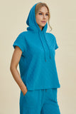 Double Take Full Size Texture Drawstring Short Sleeve Hoodie and Pocketed Pants Set 