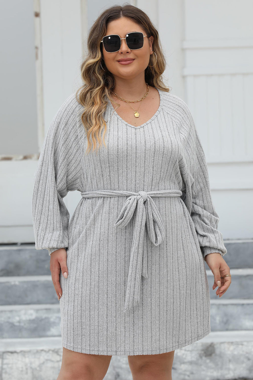 Plus Size Ribbed Tie Front Long Sleeve Sweater Dress 