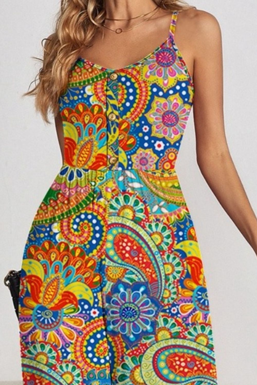 FAM-FAM Decorative Button Spaghetti Strap Wide Leg Jumpsuit 