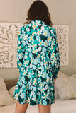 Green Floral Tiered Long Puff Sleeve Shirt Dress Dresses/Floral Dresses