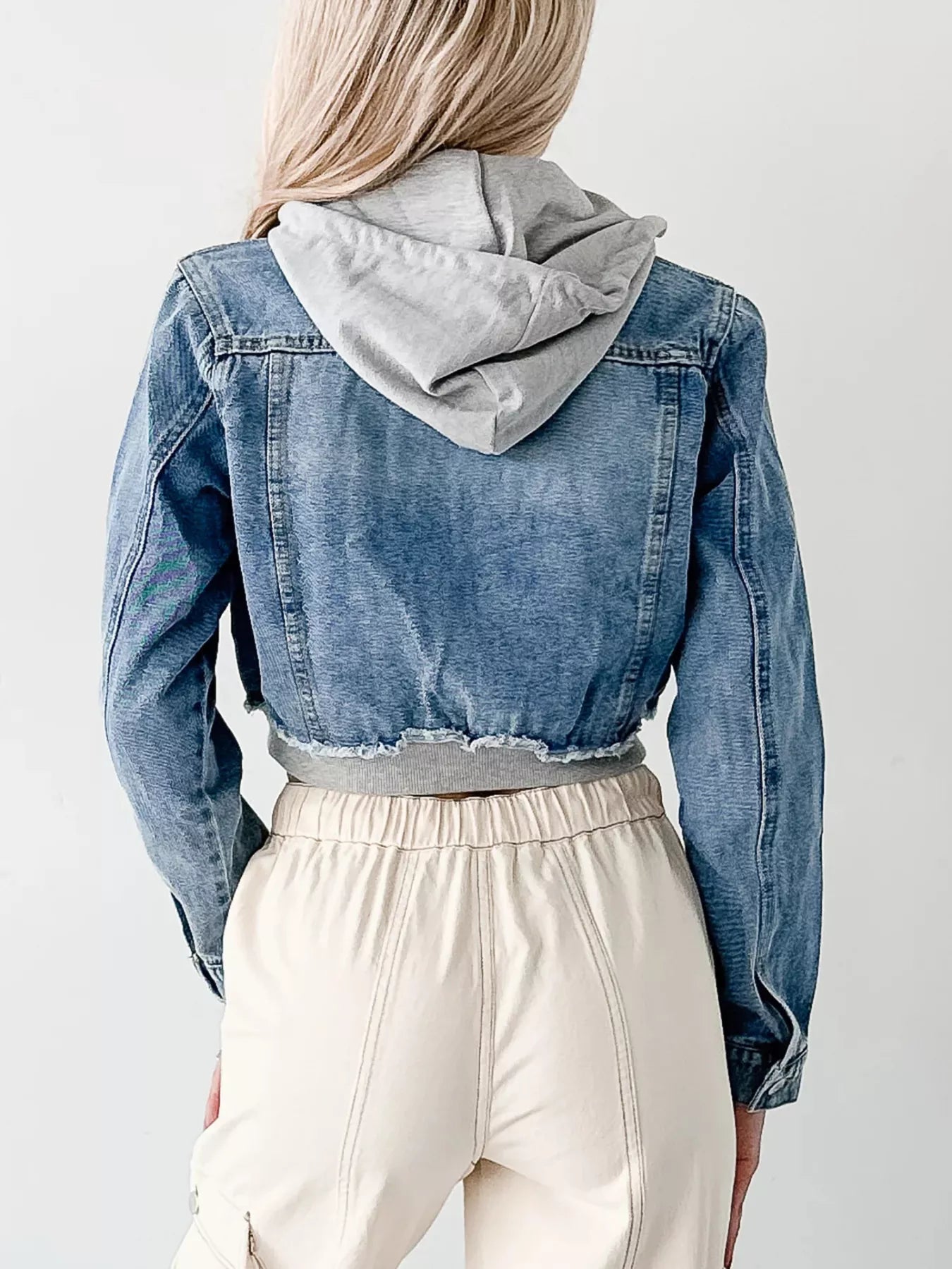 Distressed Zip Up Cropped Hooded Denim Jacket 