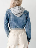 Distressed Zip Up Cropped Hooded Denim Jacket 