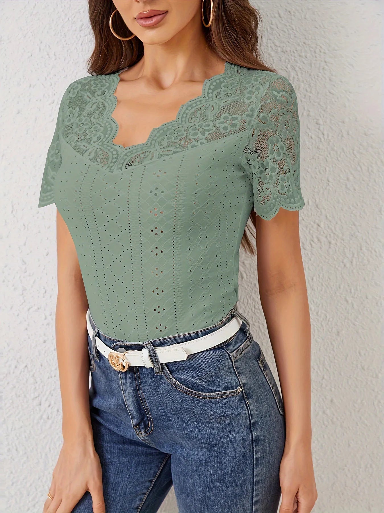Lace Scalloped V-Neck Eyelet T-Shirt 