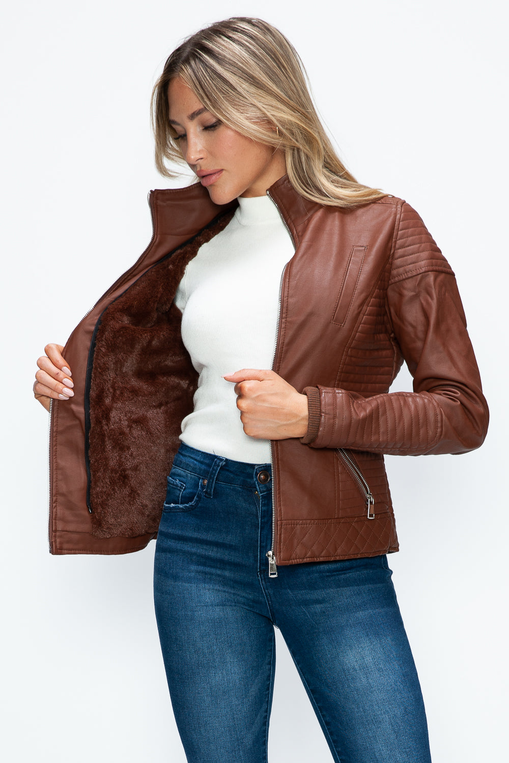 YMI Faux Layered Double-Zipper Jacket with Fuzzy Hood 