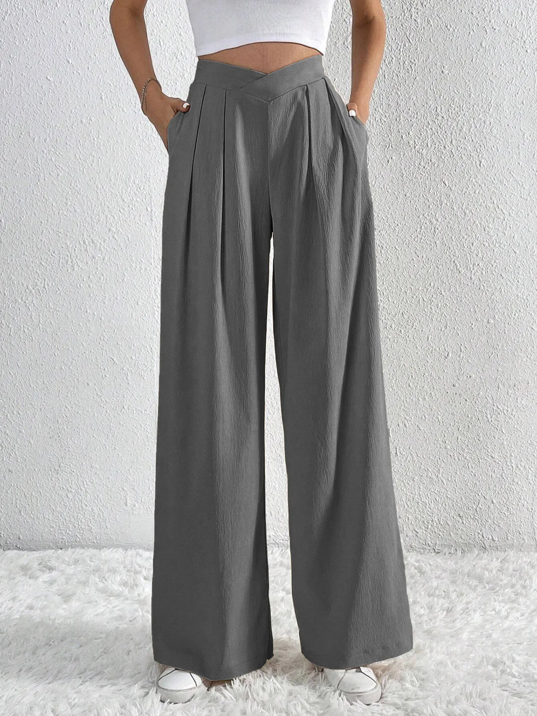 V-Waisted Ruched Front Wide Leg Pants 