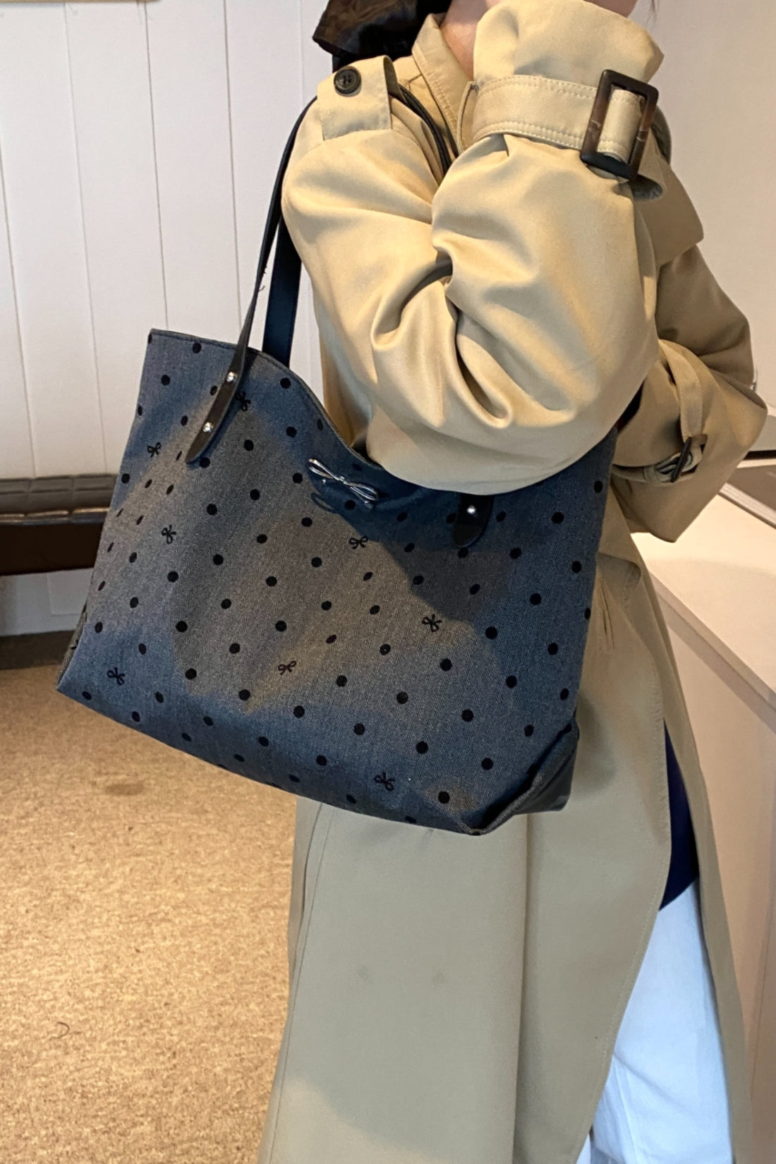 Polyester Bow Polka Dot Tote Bag 