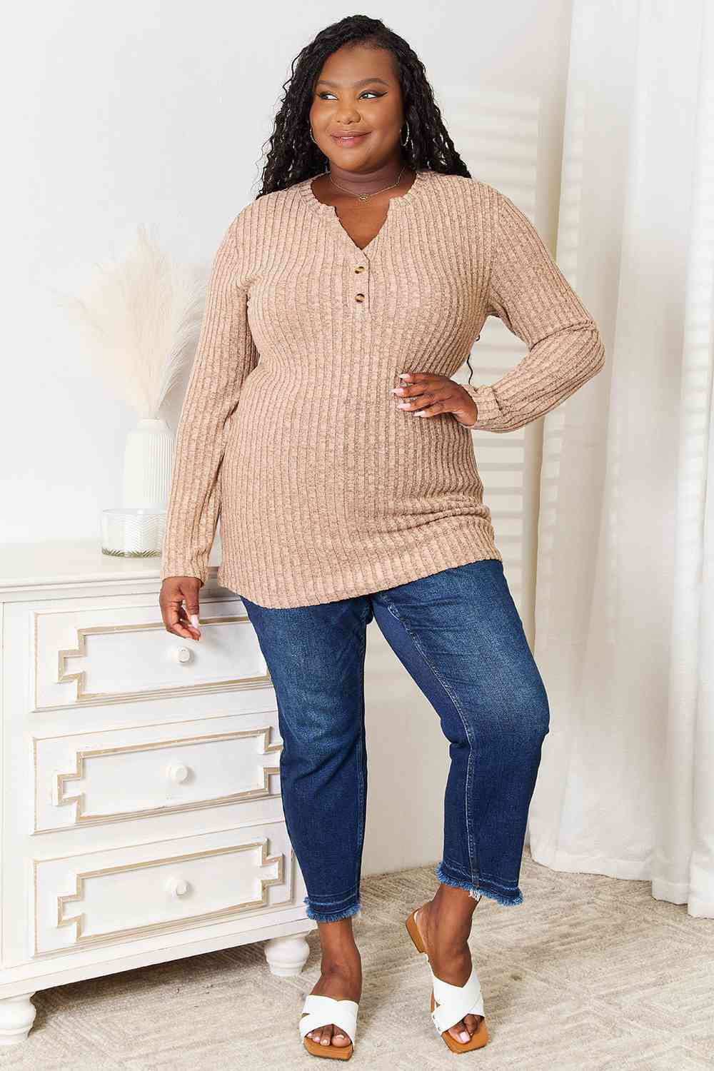 Double Take Notched Neck Ribbed Long Sleeve T-Shirt 