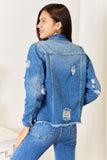 Baeful Leopard Floral Distressed Raw Hem Denim Jacket 