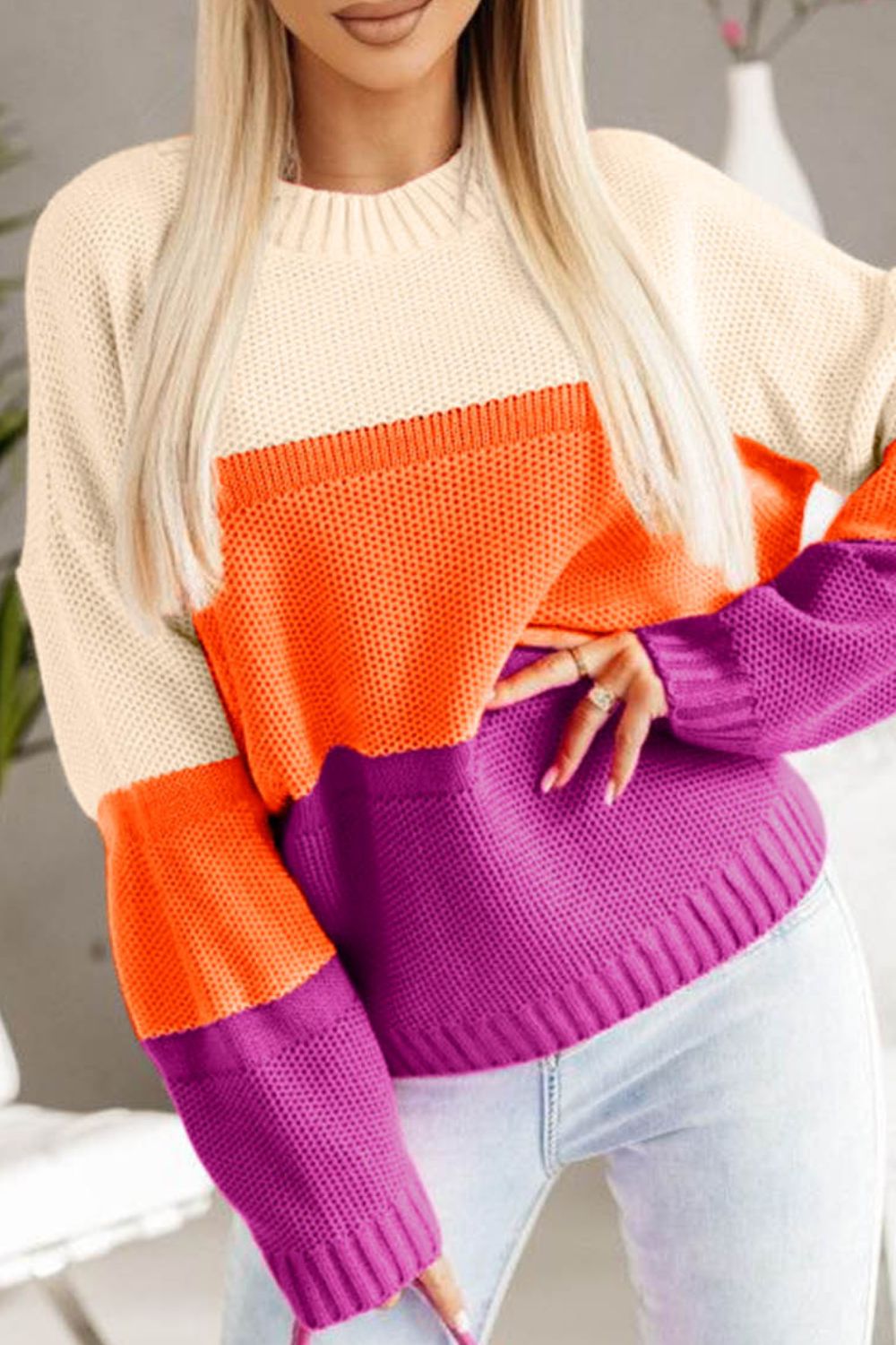 Color Block Drop Shoulder Round Neck Sweater 