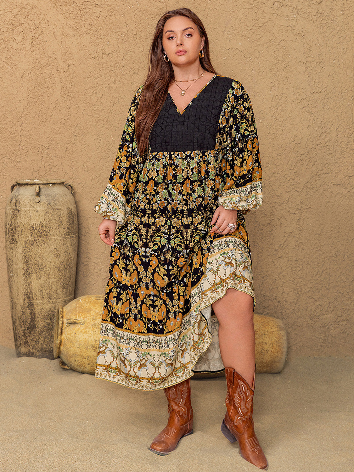 Plus Size Floral V-Neck Balloon Sleeve Midi Dress 