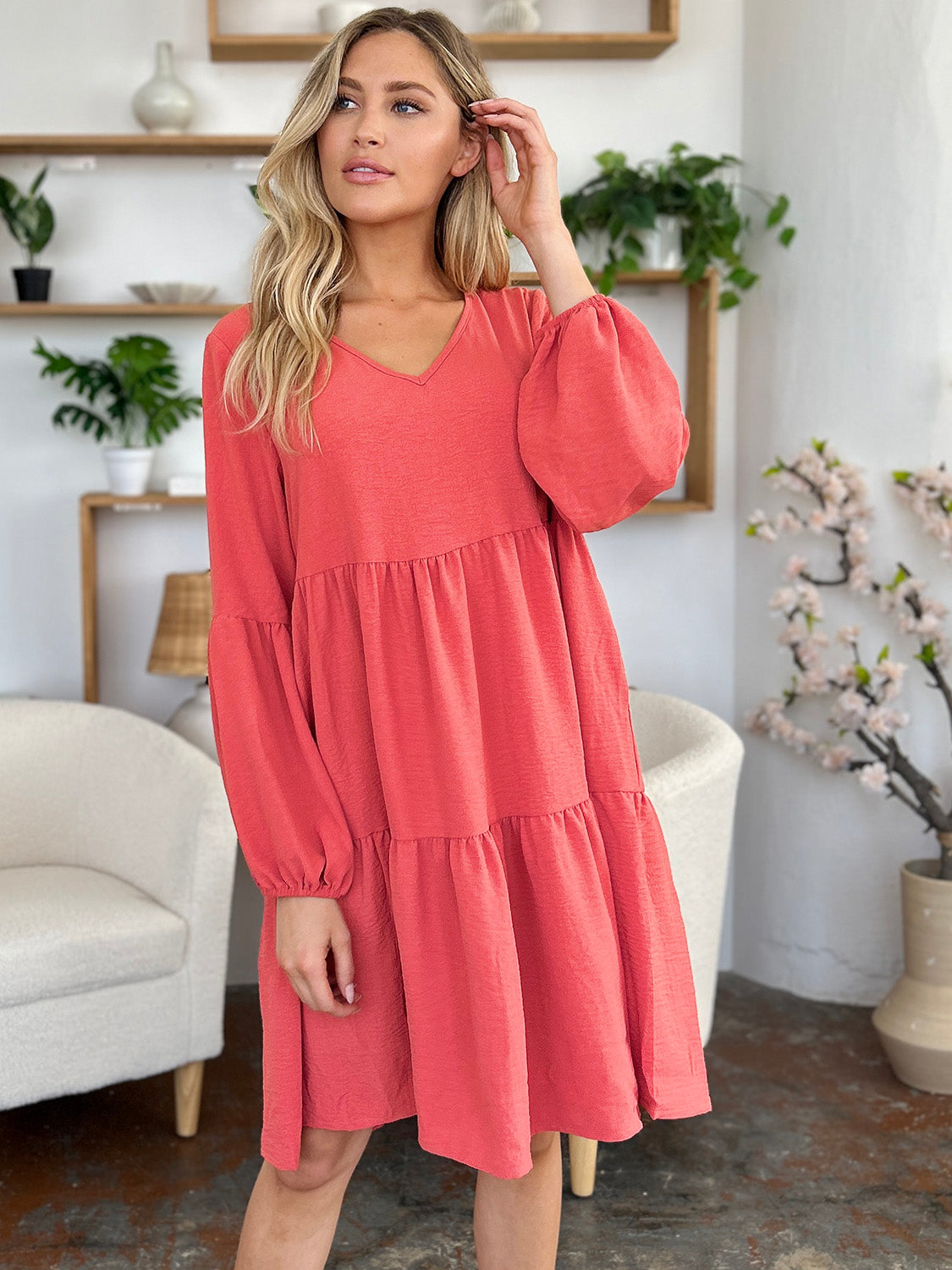Double Take Full Size V-Neck Balloon Sleeve Tiered Dress with Pockets 
