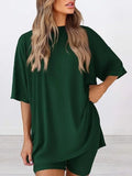 Full Size Oversized Slit Round Neck Top and Shorts Lounge Set Plus Size Lingerie & Nightwear