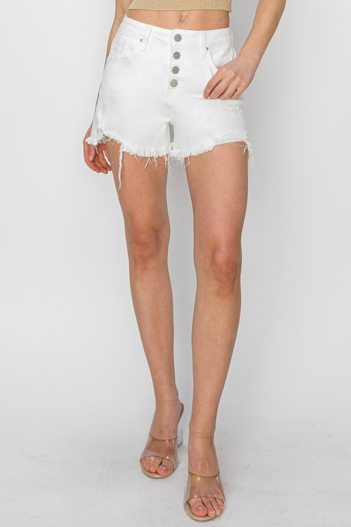 RISEN Button Fly Frayed Hem Denim Shorts 