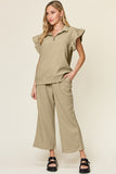 Double Take Texture Ruffle Short Sleeve Top and Drawstring Wide Leg Pants Set 