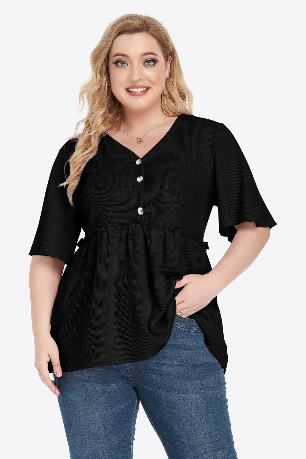 Plus Size Buttoned V-Neck Frill Trim Babydoll Blouse 