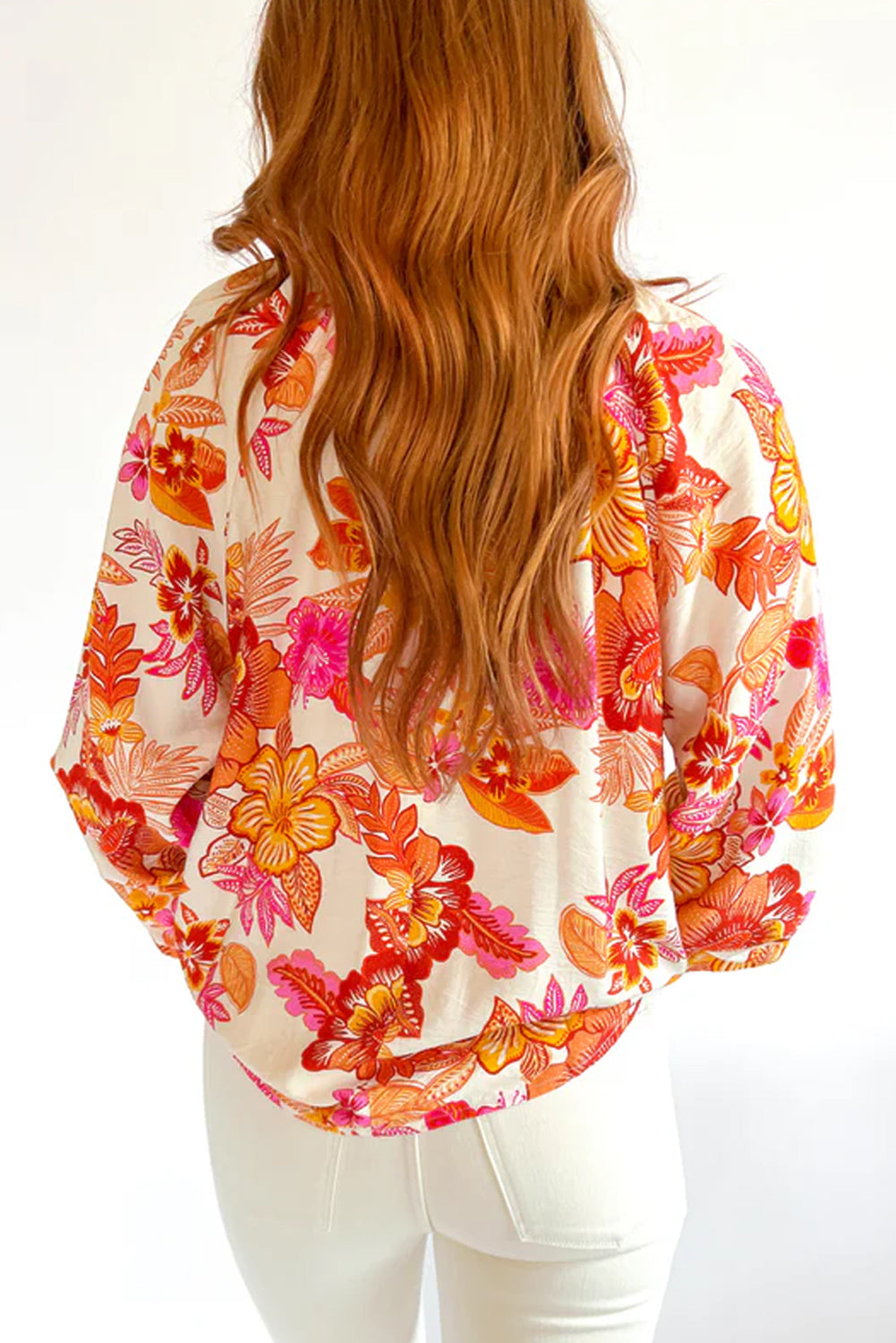 Orange Floral Print Pearl Button Keyhole Long Puff Sleeve Blouse Tops/Blouses & Shirts