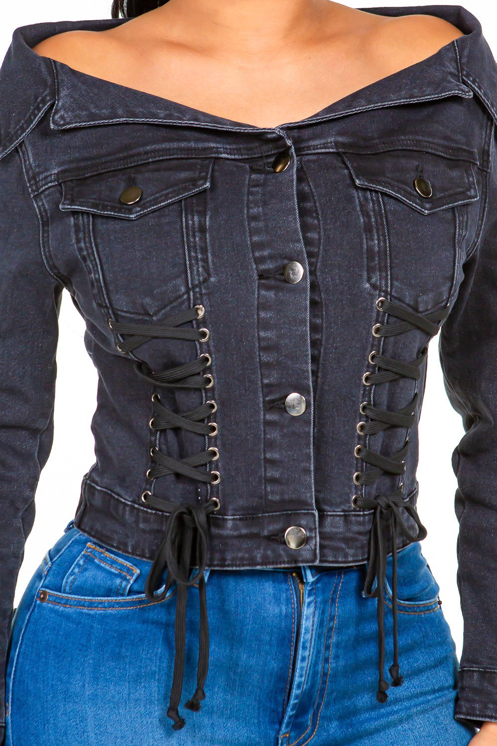 American Bazi Off Shoulder Lace Up Denim Jacket 