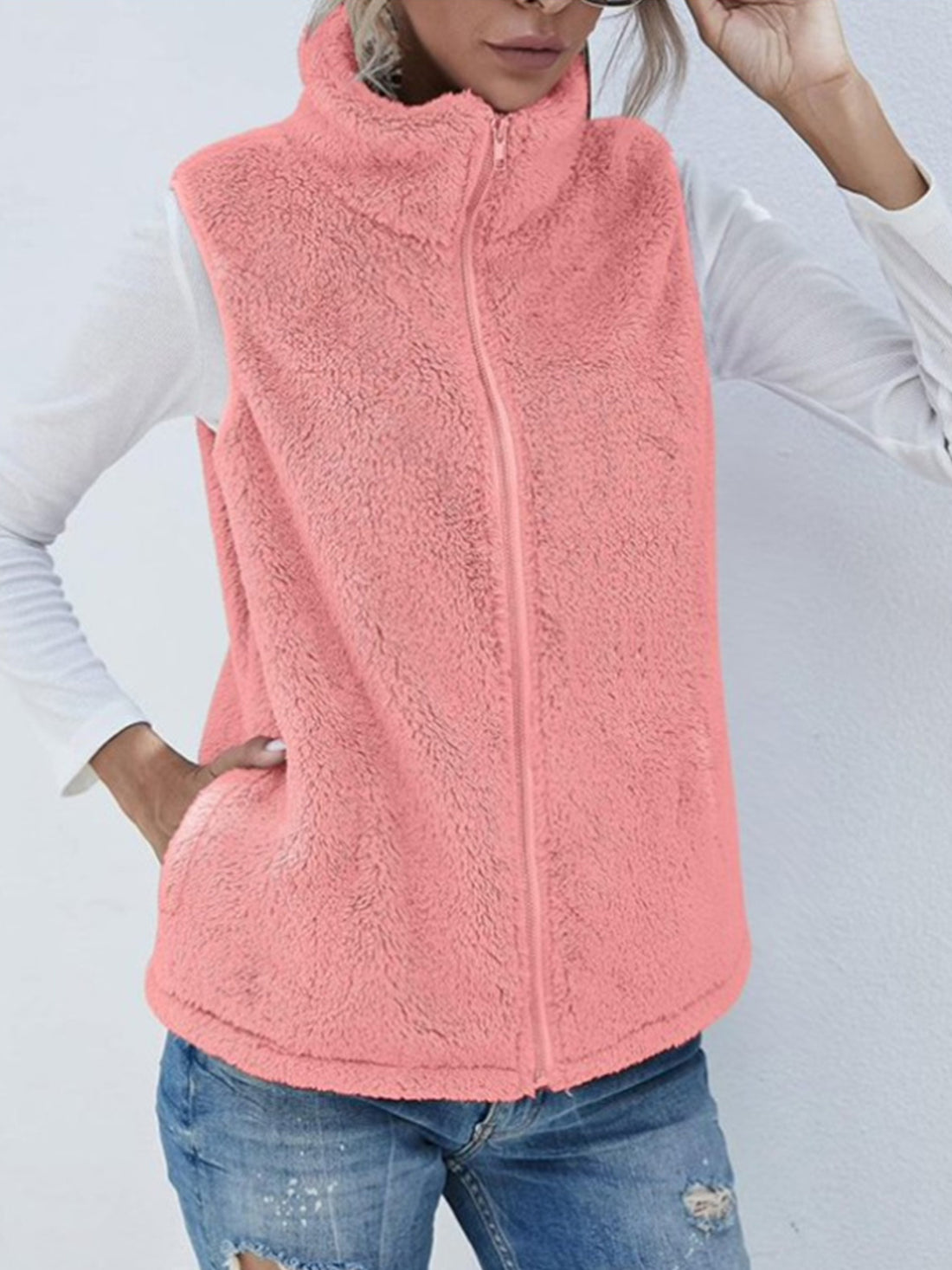 Full Size Fuzzy Zip Up Vest Coat with Pockets 