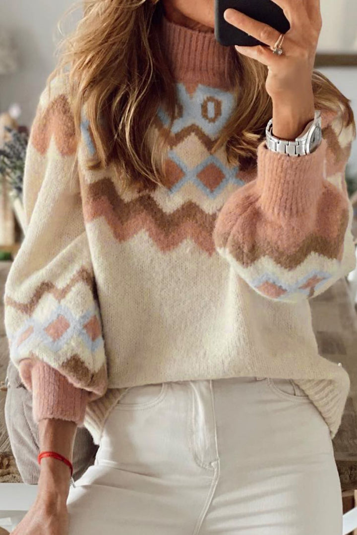 Geometric Mock Neck Long Sleeve Sweater 