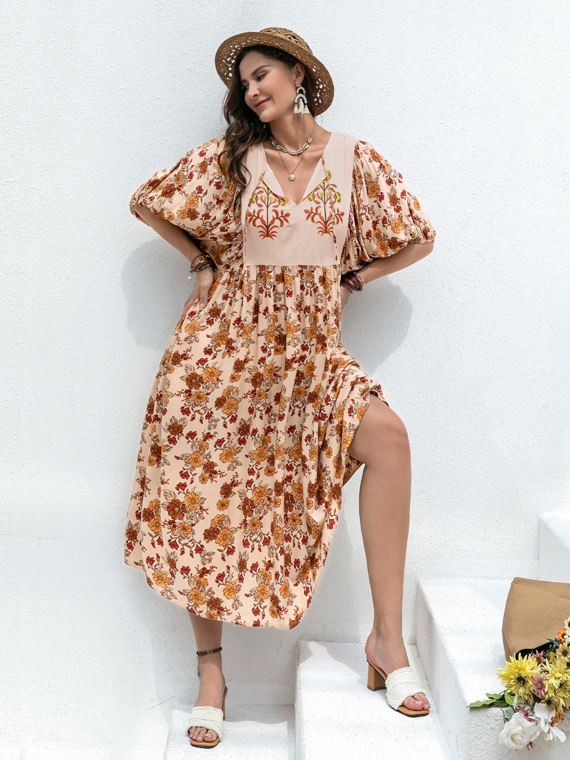 Plus Size Printed Tie Neck Half Sleeve Midi Dress 