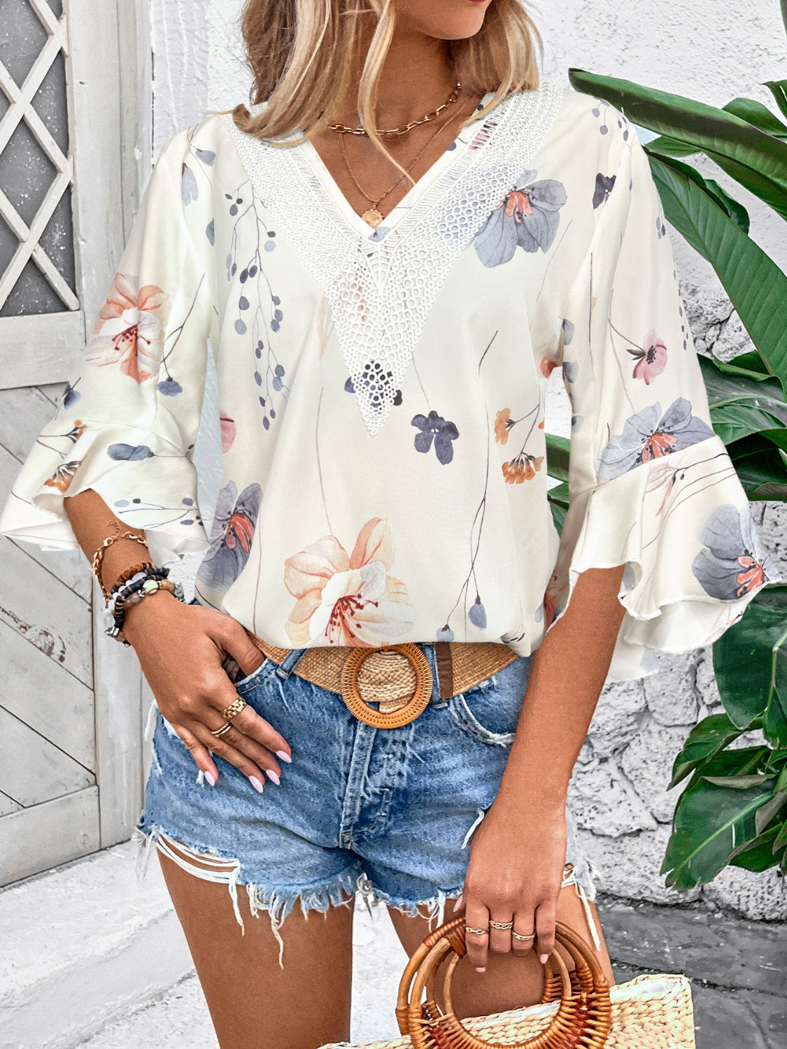 Honey Ruffled Printed V-Neck Half Sleeve Blouse 