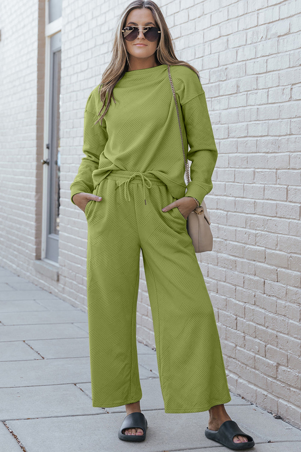 Double Take Full Size Textured Long Sleeve Top and Drawstring Pants Set 