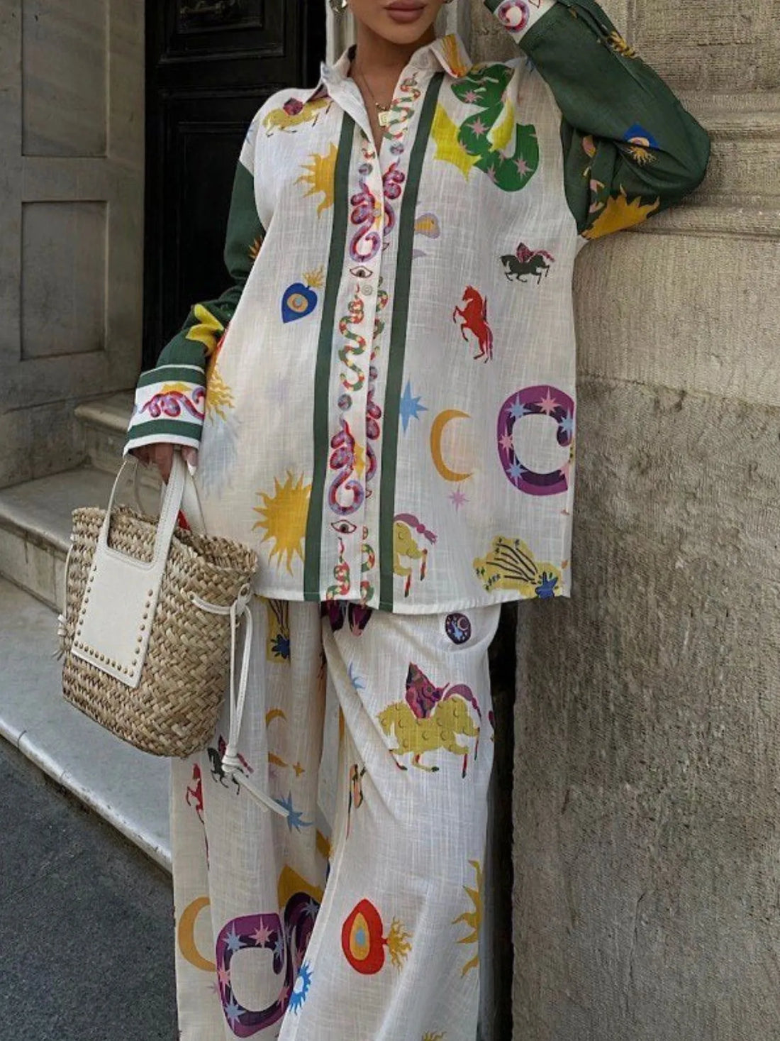 Printed Button Down Shirt and Pants Set Two Piece Dresses