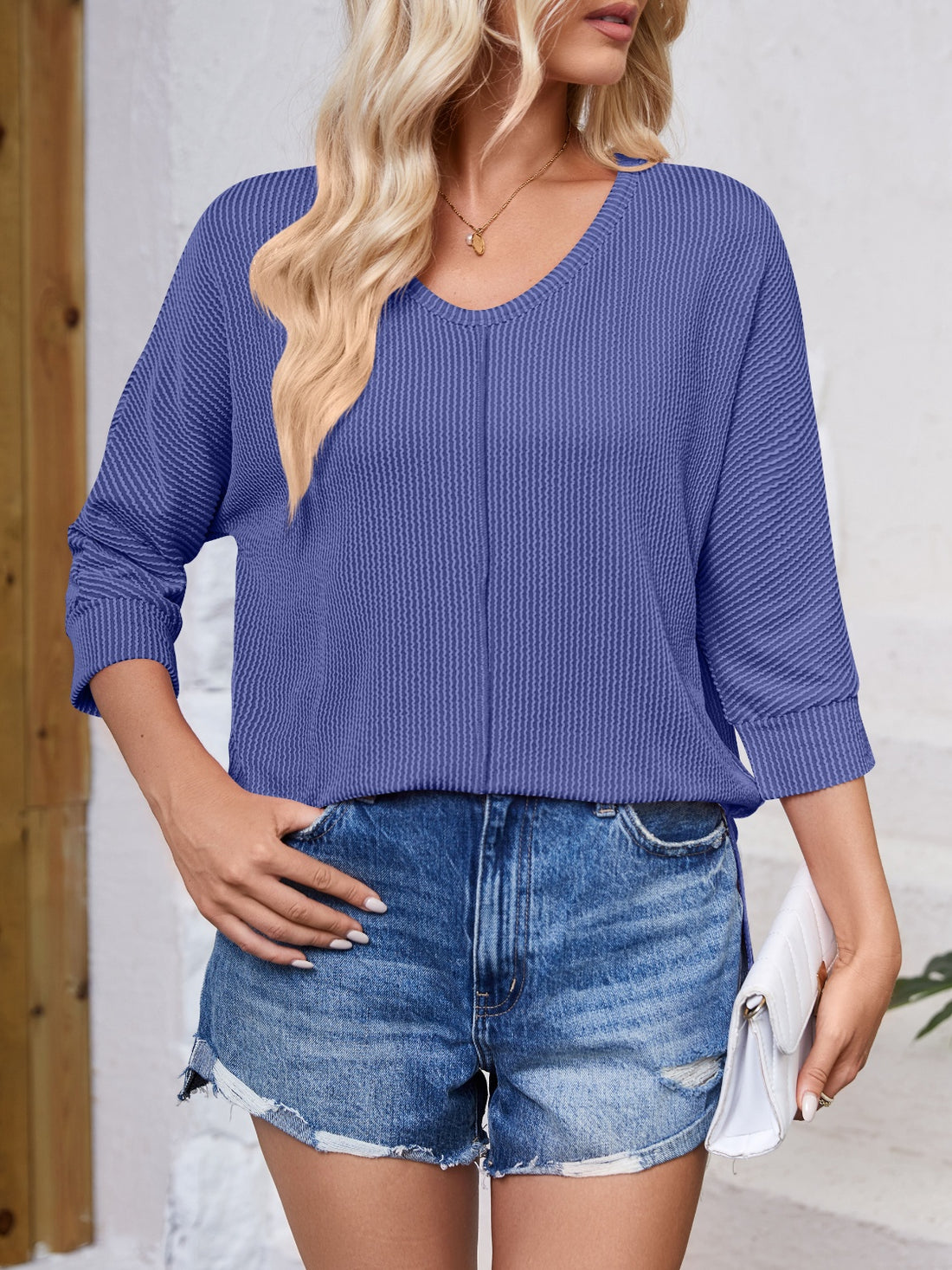 Lovelet Textured Round Neck Three-Quarter Sleeve Blouse 