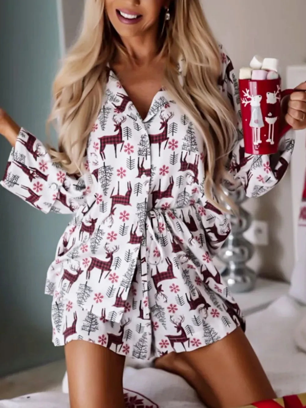Printed Collared Neck Long Sleeve Top and Shorts Lounge Set Lingerie & Nightwear