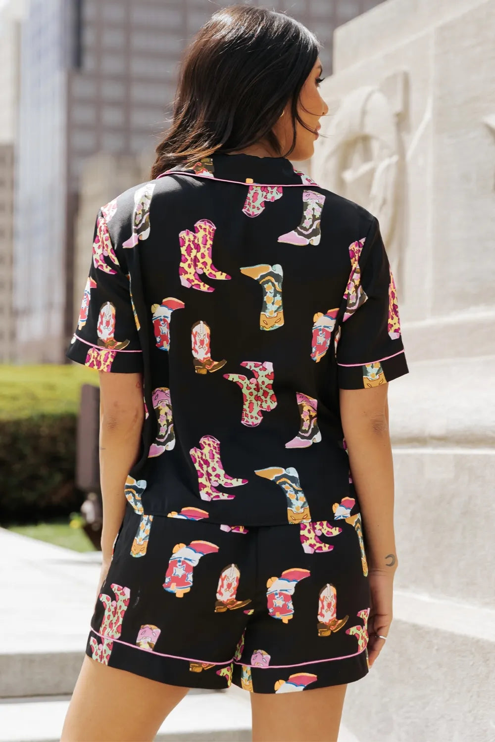 Printed Button Up Short Sleeve Top and Shorts Lounge Set Lingerie & Nightwear