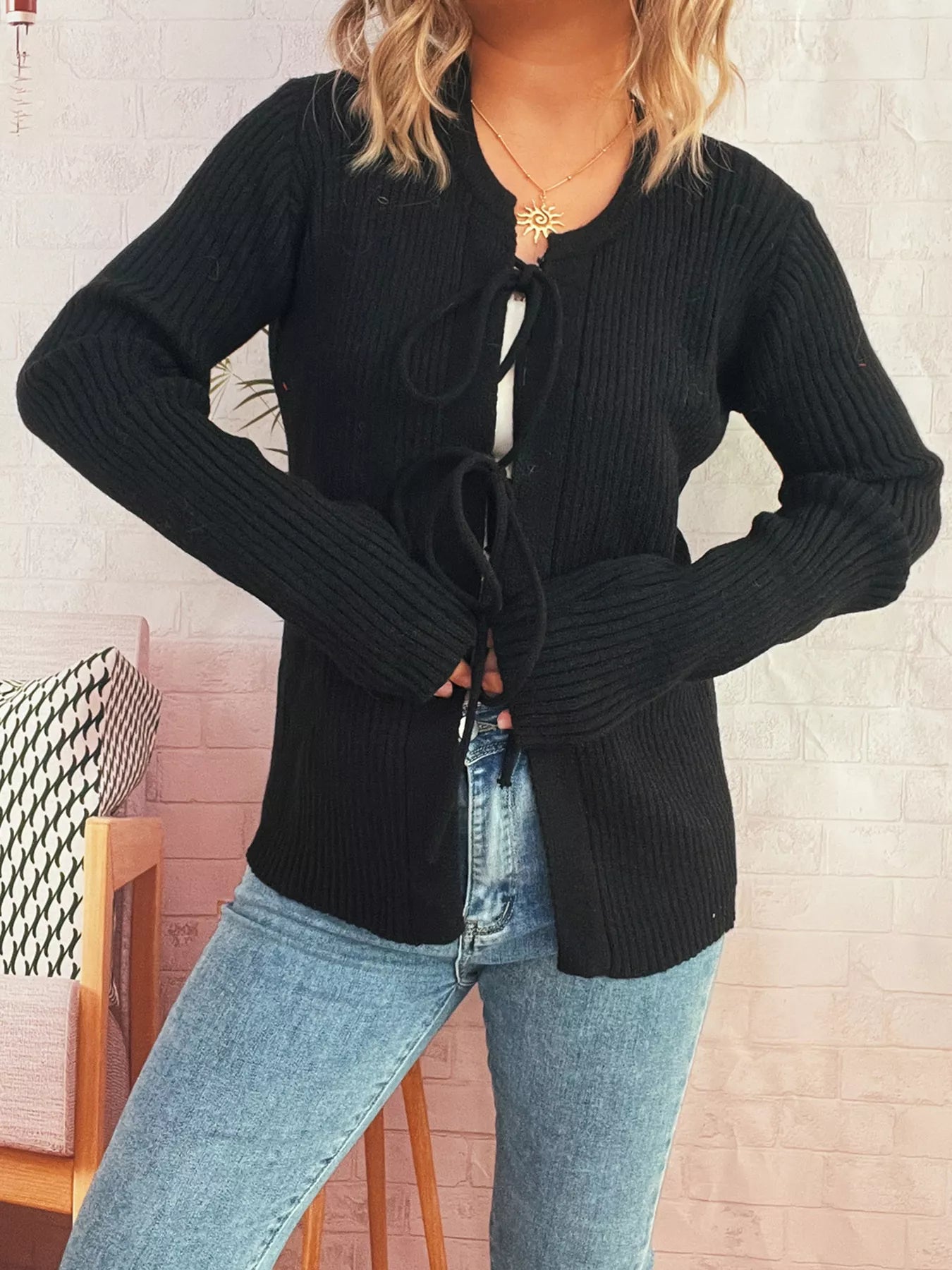 Ribbed Tie Front Long Sleeve Cardigan 