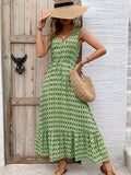 Perfee Printed V-Neck Tie Waist Midi Dress 