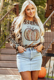 Pumpkin Graphic Leopard Round Neck Long Sleeve Sweatshirt 
