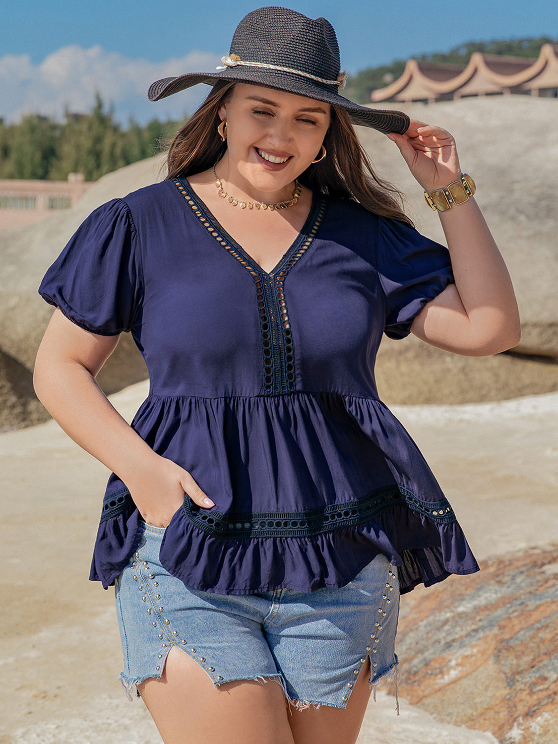 Plus Size Peplum V-Neck Short Sleeve Blouse 